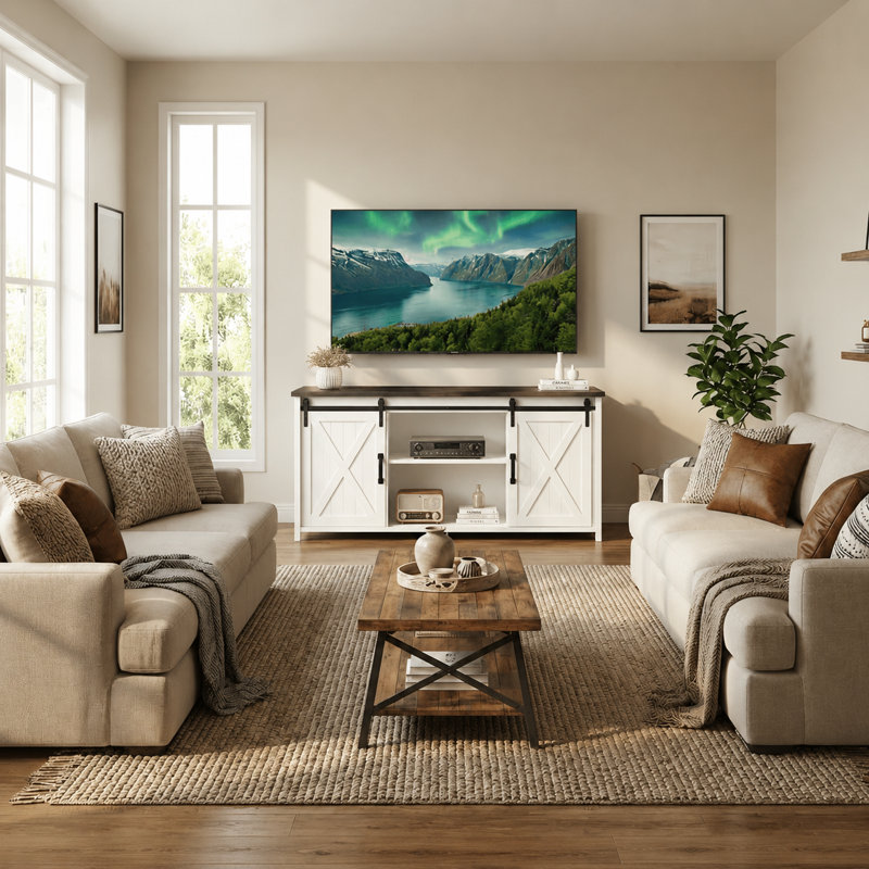 Tv Stand For Tvs Up To 70" with 2 Sliding Barn Doors and Built-In Charging Station, White