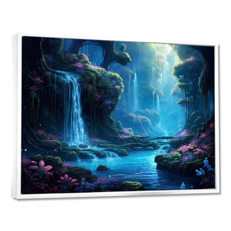 «Blue Green Calming Waterfall - Waterfall», reproduction d'art sur toile, H 24 po x l 32 po x P 1 po, Cadre flottant blanc