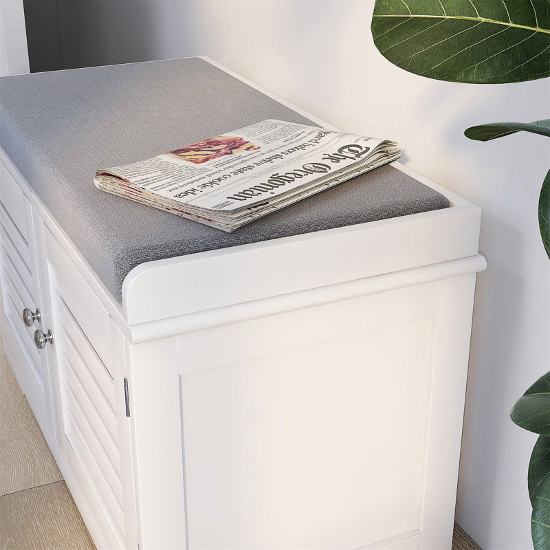 Banc de rangement pour chaussures avec coussin de siège rembourré et 2 portes de grange - Banc d'entrée blanc