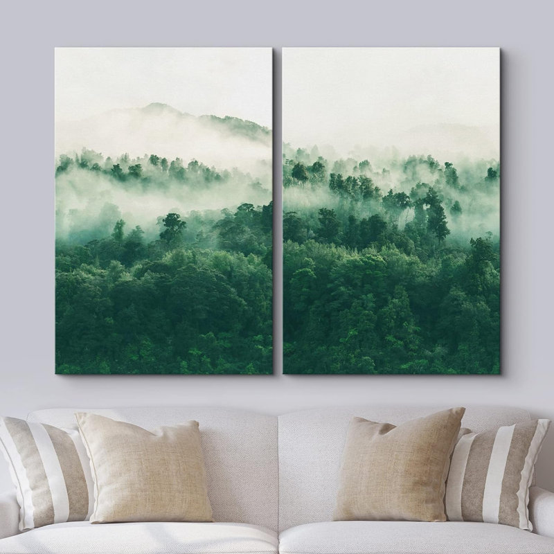 Vue aérienne de la forêt de montagne verte brumeuse, impression de paysage, 2 pièces, H 36 po x l 48 po x P 1,5 po