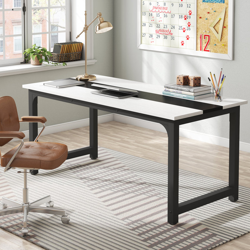 Aalderk Solid Wood Top Metal Base Computer Desk, 75cm H x 180cm W x 80cm D, White/Black