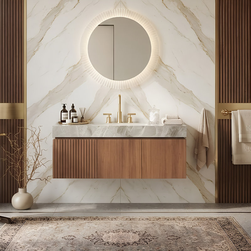 Meuble-lavabo flottant 30 po / 36 po / 48 po avec plateau en pierre frittée et lavabo en céramique, armoire de rangement moderne en bois avec fermeture en douceur et 1 tiroir