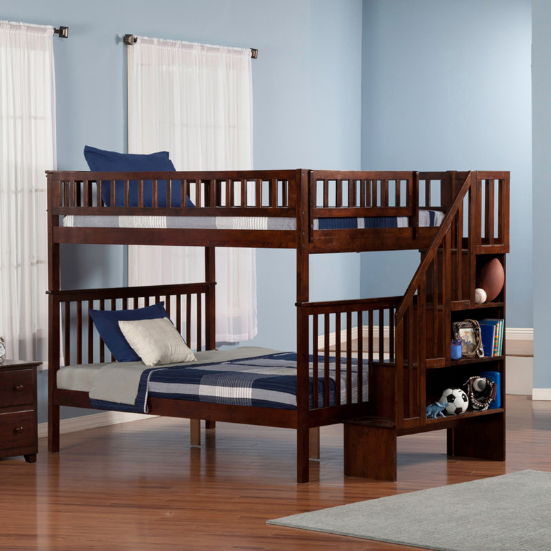 Ilariana Heavy Duty Kids Staircase Bunk Bed, Walnut, Full Over Full