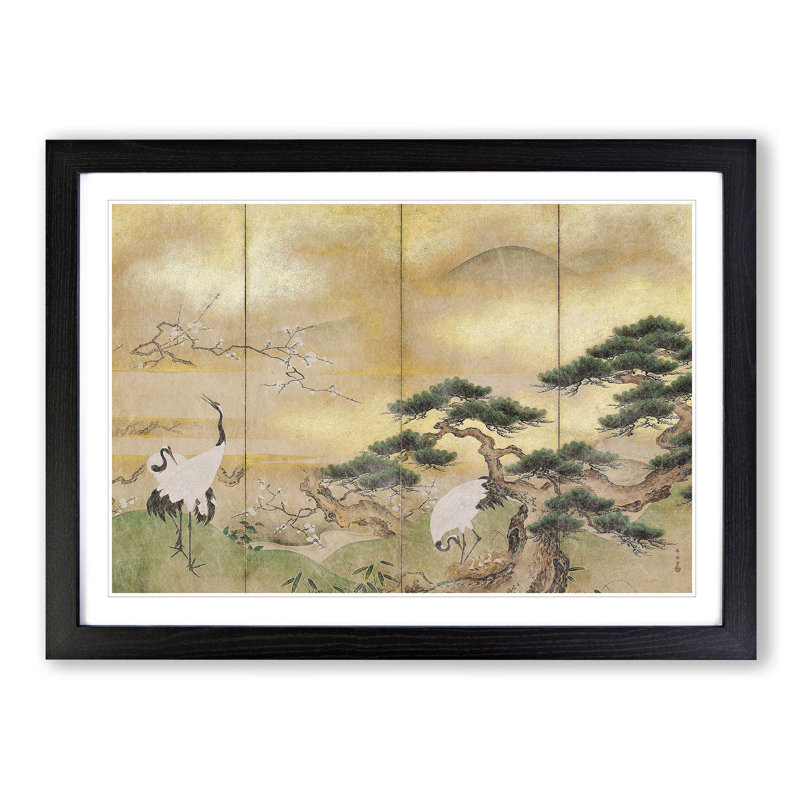 Cranes Beside a Lake by Hashimoto Gaho - Picture Frame Painting Print on MDF, Black Framed, 36cm H x 48cm W x 2cm D