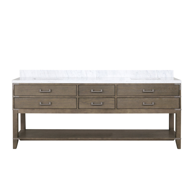 Meuble-lavabo double en chêne gris 84 po X P 22 po D, avec plateau en marbre de Carrare, Gris, 84"