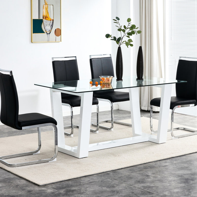 Table de salle à manger attrayante en verre avec plateau trempé de 0,4 po et support blanc pour une belle pièce, réunion de famille élégante, fêtes, cuisine