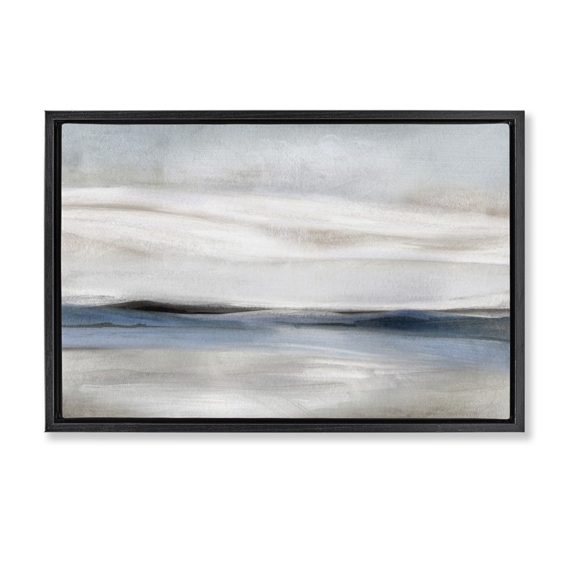 Abstraction de paysage neutre strié, Cadre flottant noir de jais, H 21 po x l 31 po