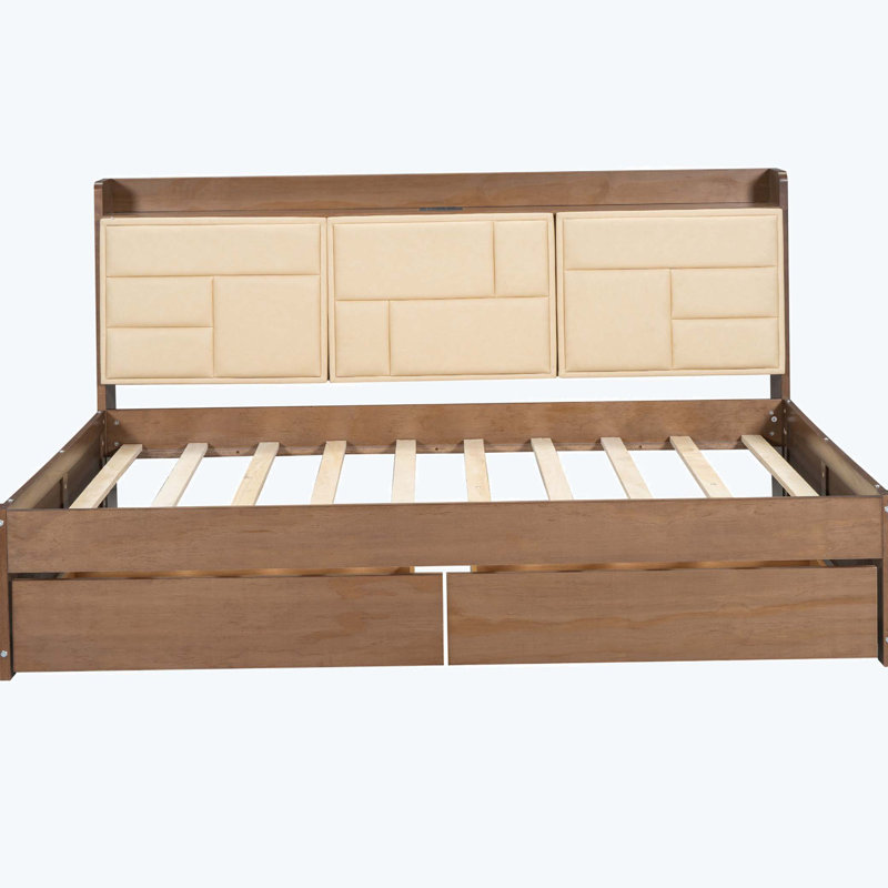 Lit de jour en bois avec tablettes de rangement rembourrées, ports USB et 2 tiroirs, Double
