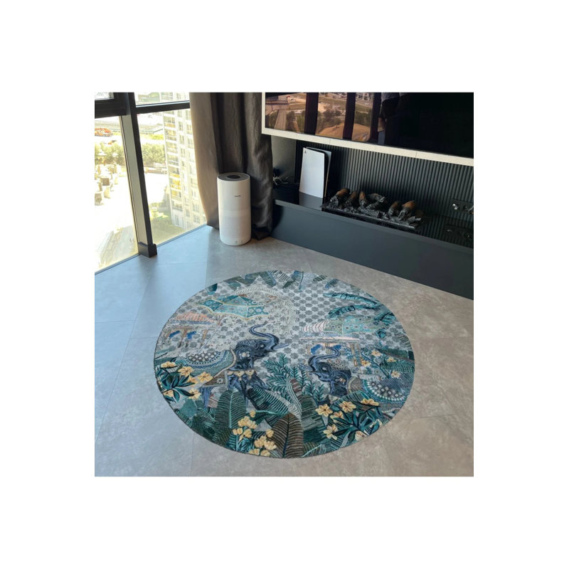 Blue Tropical Elephant Figured Woven Base Round Decorative Carpet, Round 4'