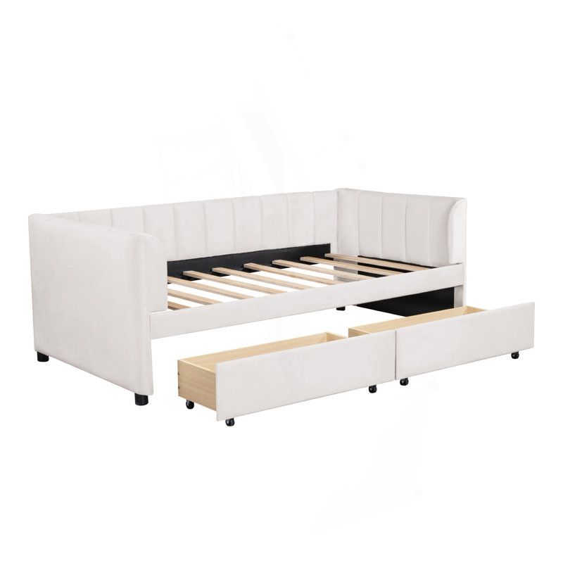 Twin Size Upholstered Daybed With Ergonomic Design Backrest And 2 Drawers, Beige