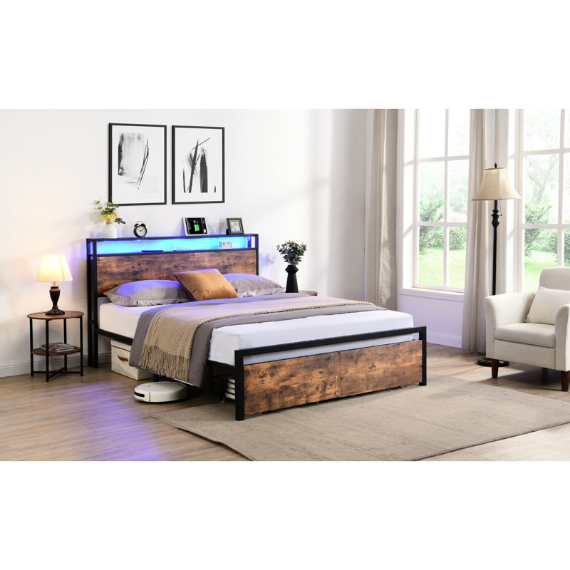 Led Lights Queen Bed, Metal Structure, Drawer Storage, Noise- Sleep, Convenient Bed Frame With , 2 Tier Headboard Silent Sleep Environment, Box Spring