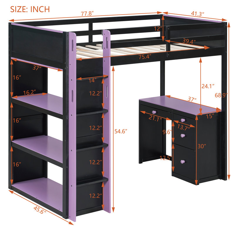 Lit mezzanine une place avec bureau, étagères et tiroirs de rangement, structure en bois massif et MDF, style jeu, gain de place, violet