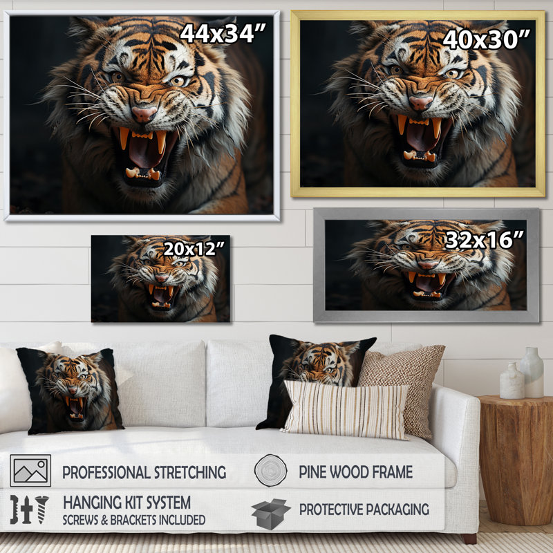 «Brown Fierce Tiger Portrait II», reproductions sur toile d'animaux, Toile tendue, H 24 po x l 32 po x P 1 po