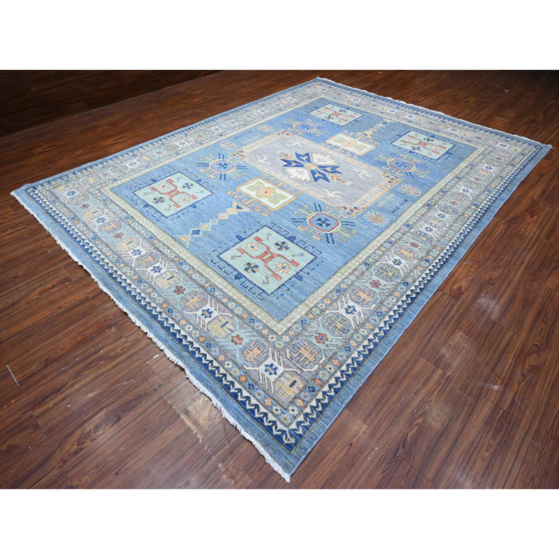 Tapis oriental bleu en laine noué à la main 9 pi 0 po x 12 pi 0 po Peshawar