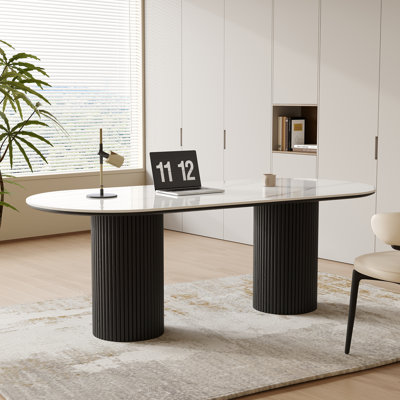 71" Modern Oval Writing Desk,Glossy White Office Table,with Double Solid Wood Legs by Orren Ellis