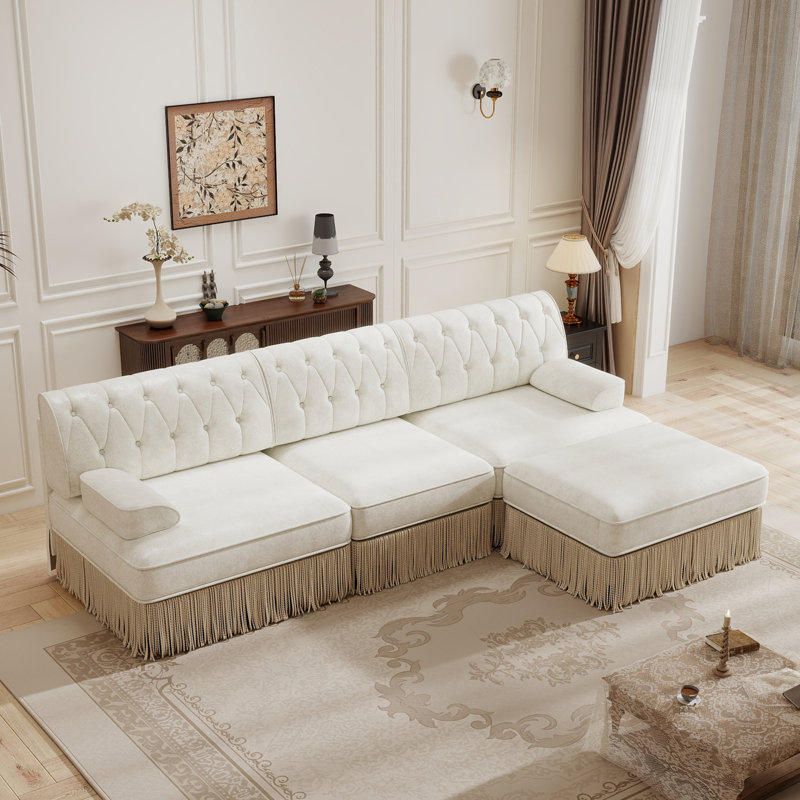 Luxurious Velvet Modular L Shaped Sectional Sofa With Ottoman,3-Seater Chesterfield Sofa With Tufted Design And Tassel Fringe Skirt