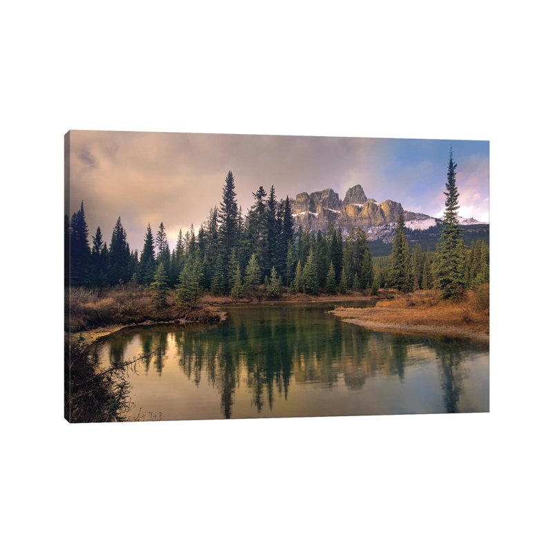 Castle Mountain And Boreal Forest Reflected In Lake, Alberta, Canada by Tim Fitzharris - Wrapped Canvas Print