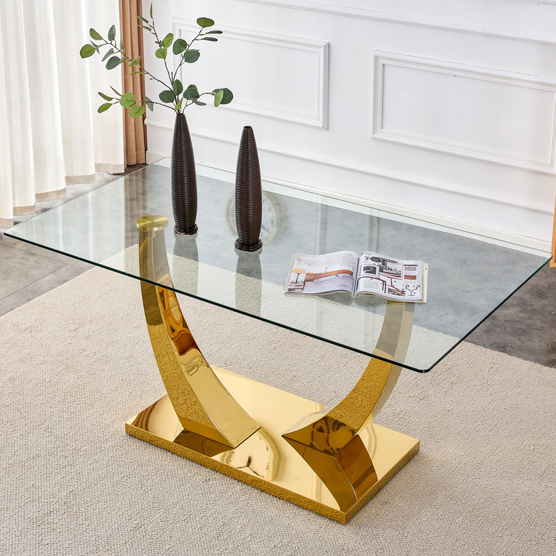 Plouffe Glass Top Metal Base Dining Table, Gold