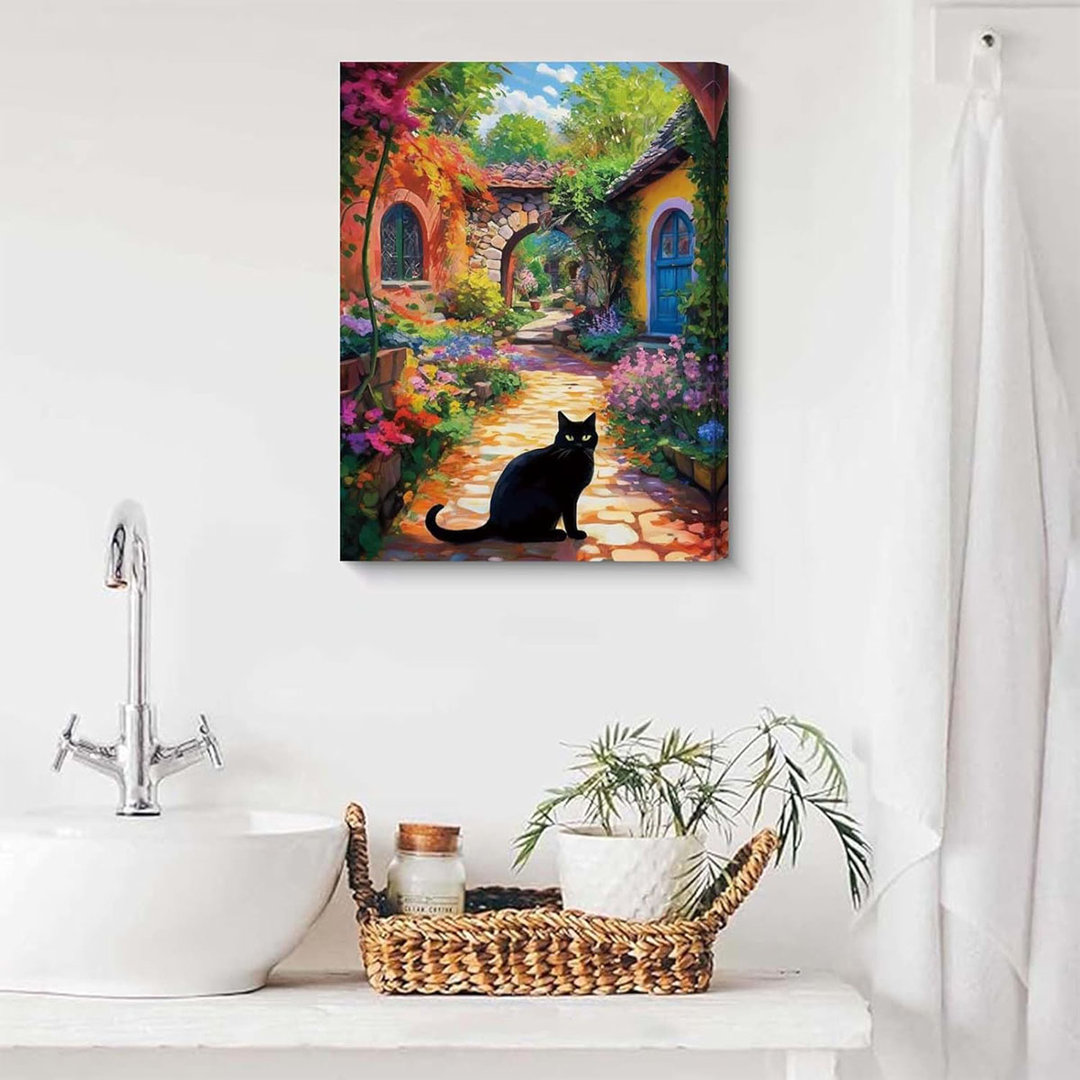 Garden Path Black Cat Wall Art - 12X16 Inch Framed Colorful Floral Canvas Print, Flower & Animal Home Decor For Living Room Bedroom