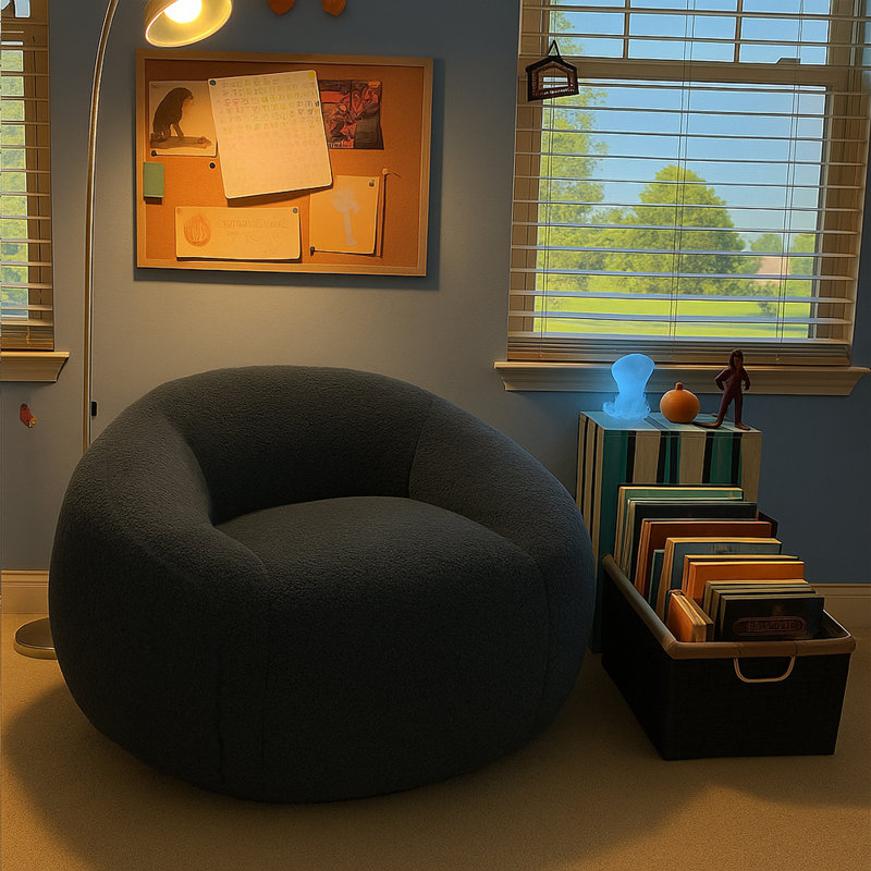 Round Bean Bag Chair, Plush Memory Foam Lounge Chair with Back and Arm Support, Dark Gray Teddy