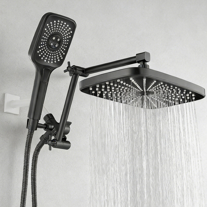 Pomme de douche à pluie 12 po avec douchette combinée, bras d'extension réglable, inverseur à 3 voies, Noir