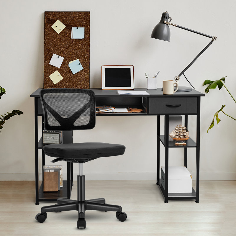 Desk and Chair Set: 48 Inch Computer Desk & Height Adjustable Black Mesh Chair, Black/Black