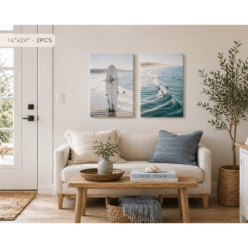 Ensemble de 2 impressions sur toile côtières, vagues de l'océan et planche de plage, art mural moderne neutre pour le salon, la chambre et la salle de bain