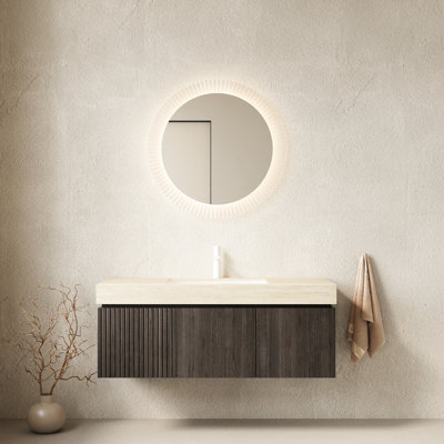 Meuble-lavabo pour salle de bain 48 po, rangement flottant en contreplaqué, comptoir en pierre frittée, lavabo en céramique, 1 trou de robinet pré-percé, grand espace de rangement à tiroir à fermeture en douceur, fixation murale