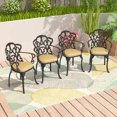 Cast Aluminum Patio Dining Chair 4PCS With Black Frame And Beige Cushions by Bloomsbury Market