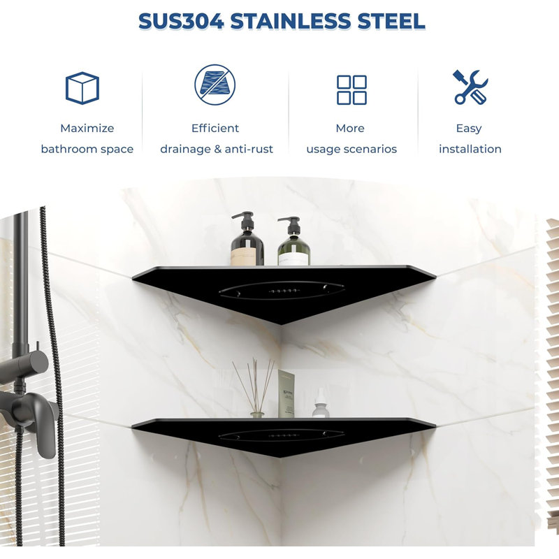 Paquet de 2 tablettes de douche encastrées pour murs carrelés Ferdy, organisateur de rangement de salle de bain flottant sans perçage, chariot de douche en acier inoxydable 304 avec drainage efficace