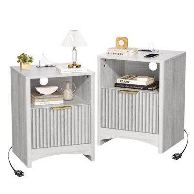 Modern Fluted Nightstand with Built-In Charging Station, 3-Tier Storage & Drawer, Compact Bedside Table for Bedroom, Living Room, or Entryway,2 Pack