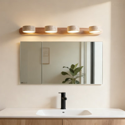 Luminaire de meuble-lavabo linéaire de style nordique avec plaque arrière en bois naturel et abat-jour en pierre de travertin, applique murale de style campagnard à 4 lumières avec éclairage DEL chaleureux pour miroir et fixation murale