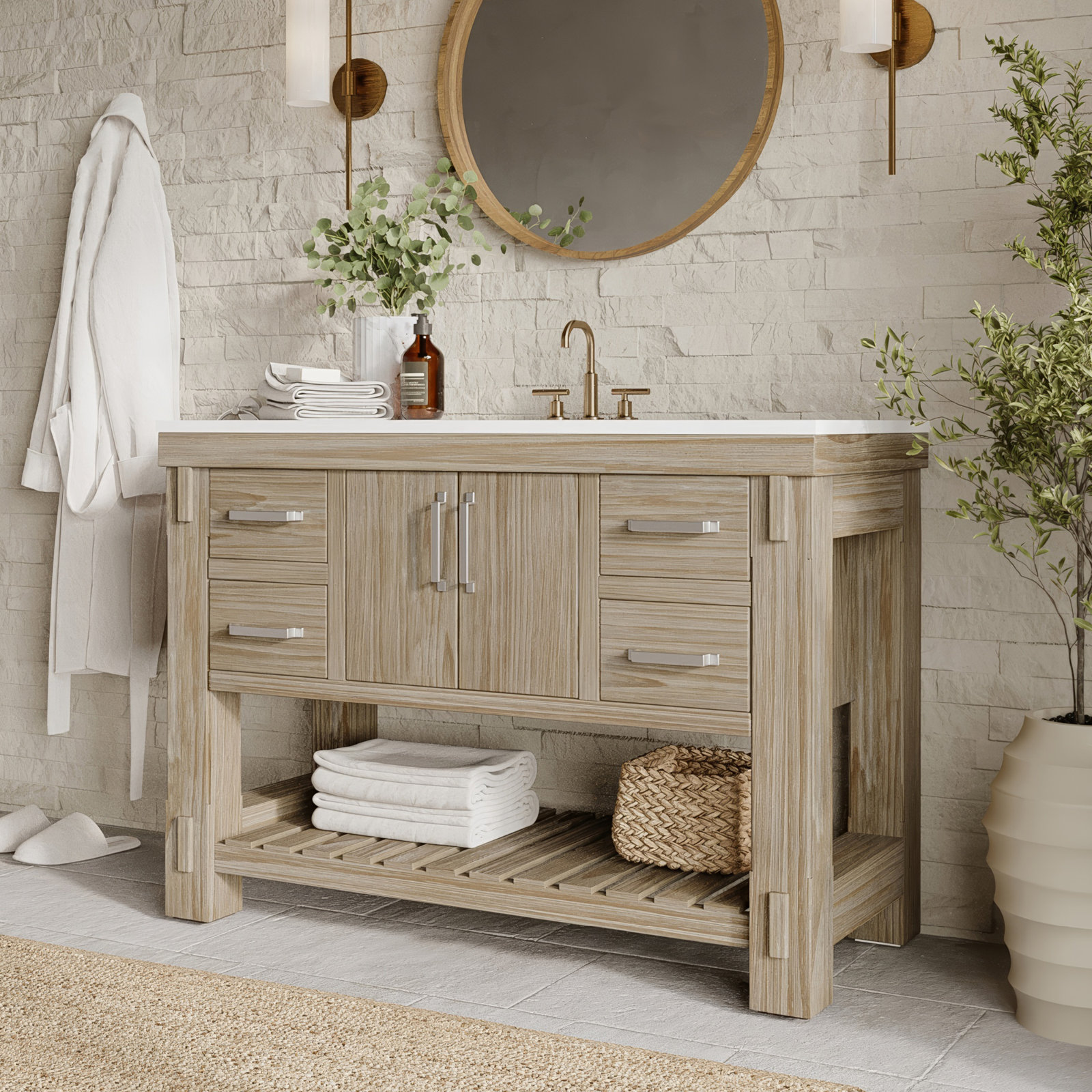 Bromley 48" Pine Single Bathroom Vanity, White Washed Pine