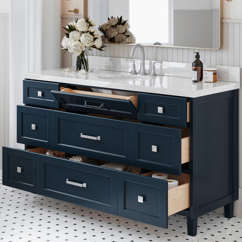 ARIEL Monroe 60 Single Sink Bathroom Vanity with Carrara Quartz Top, Midnight Blue