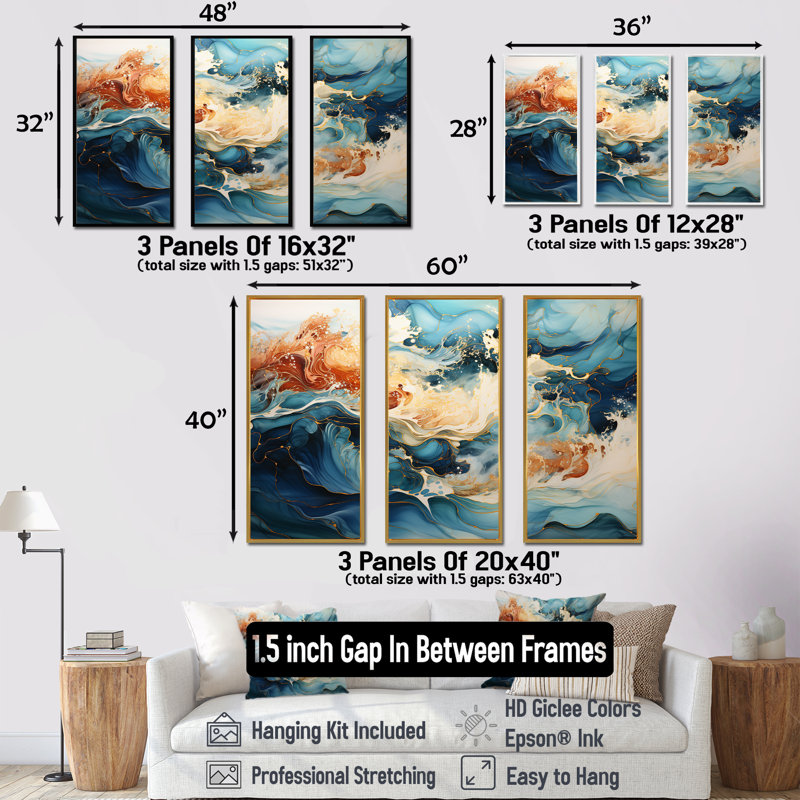 Liquide bleu et or océan tempête I - ensemble de décorations murales formes abstraites, Cadre flottant noir