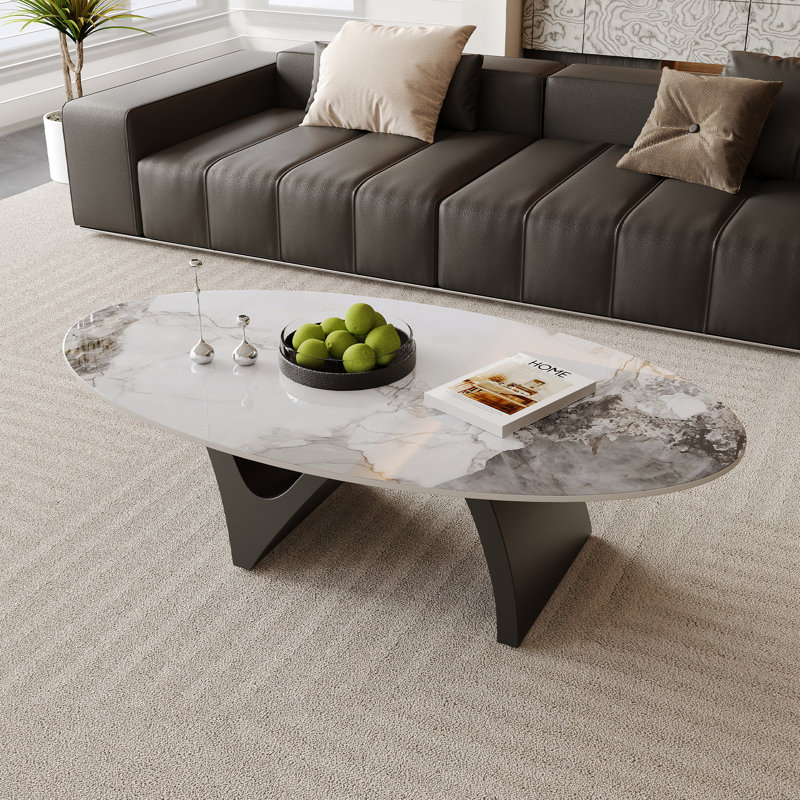 51" Modern Oval Coffee Table, Glossy Sintered Stone Table top With N-Shaped-Steel Base