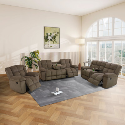 Ensemble de canapés inclinables en tissu brun à rayures 3 pièces, meubles de salon intelligents avec dossier réglable, porte-gobelets et rangement, canapé confortable en velours côtelé pour le cinéma maison
