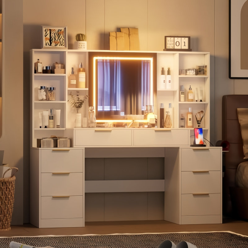 59" Makeup Vanity Desk With Mirror And Lights - Dressing Table With 8 Drawers, Adjustable Brightness, Large Vanity