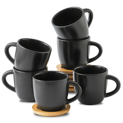 Set Of 6 Porcelain Espresso Cups And Saucers, 6-Ounce Demitasse Mugs With Handles For Cappuccino, Latte, Mocha, And Tea, Modern Matte Black Finish