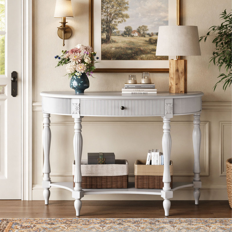 Console demi-lune en bois massif avec tiroir et tablette, table d'entrée incurvée cannelée rétro pour vestibule de salon de couloir, table de canapé à espace étroit avec pieds romains sculptés