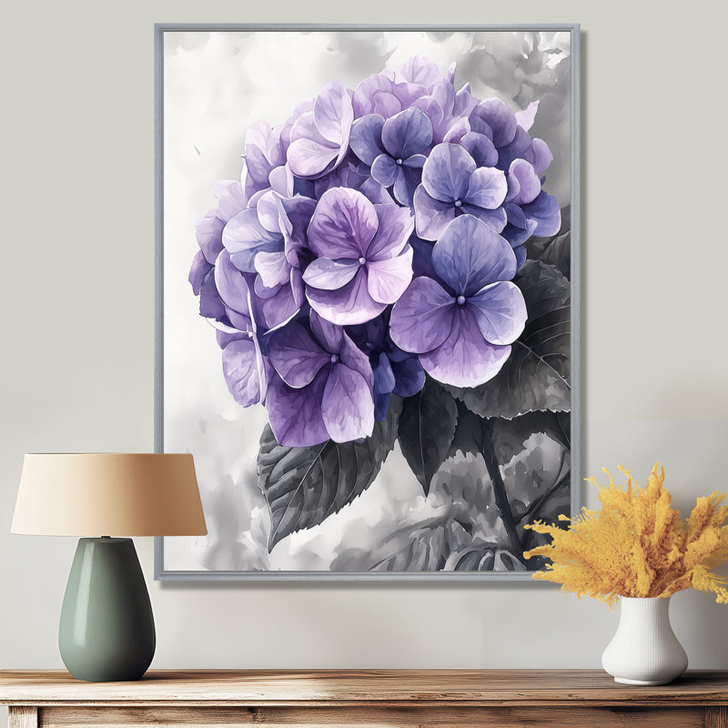 «Mauve mauve», art mural Hortensia II, Argent argent, Impression encadrée flottante, H 20 po x l 12 po