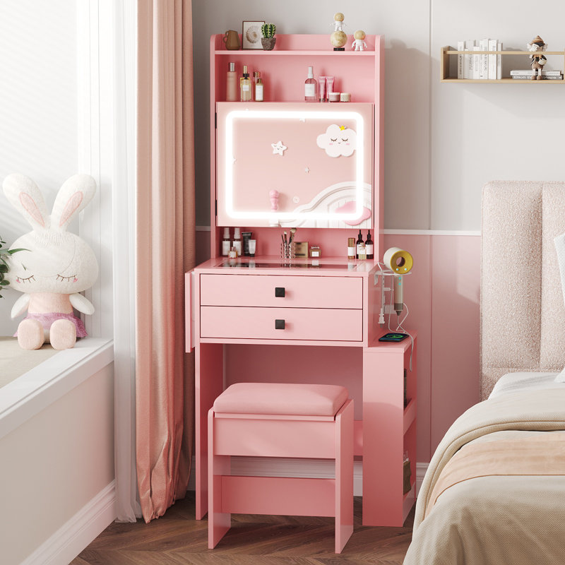 Petit bureau de coiffeuse avec 3 miroirs lumineux réglables, Rose