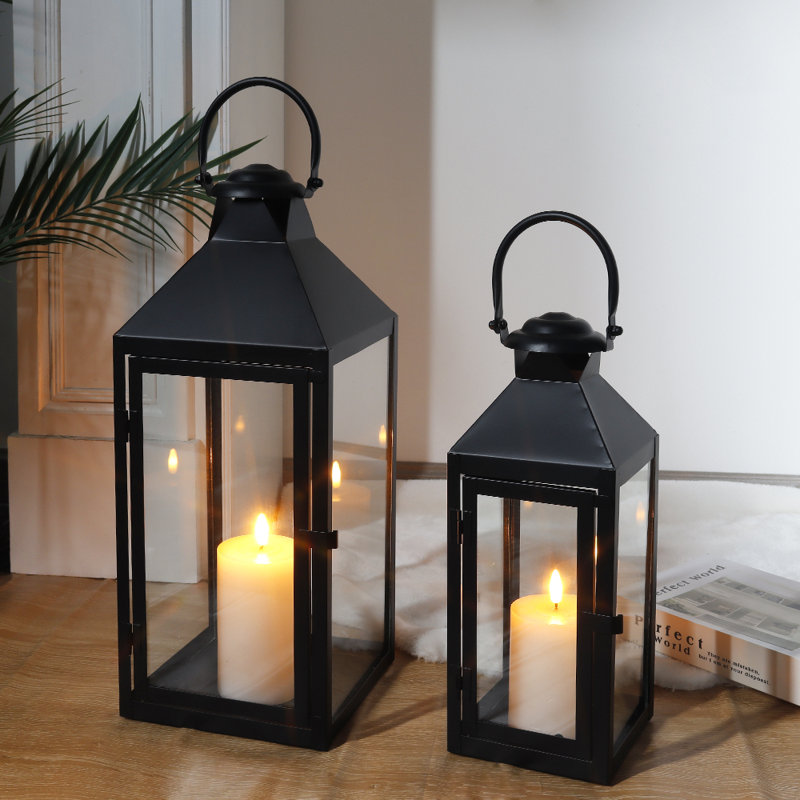 Breakwater Bay Set of 2 Decorative Lanterns 17.5inch&13.5inch Metal Candle Lanterns, Black
