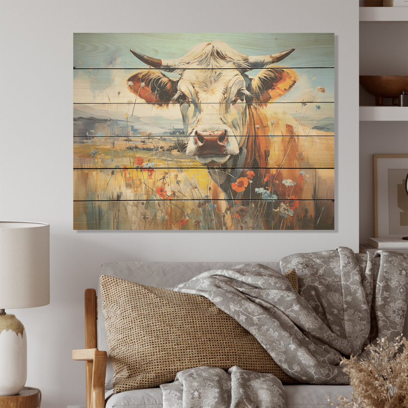 «Cow in Pastel Fields I» - Art mural en bois de vache sur bois de pin naturel, H 24 po x l 32 po