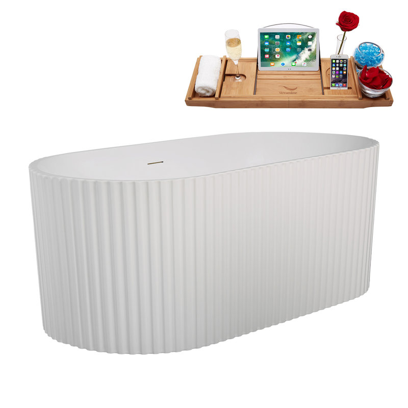 59" Streamline Soaking Freestanding Tub and Tray With Internal Drain, Brushed Gold