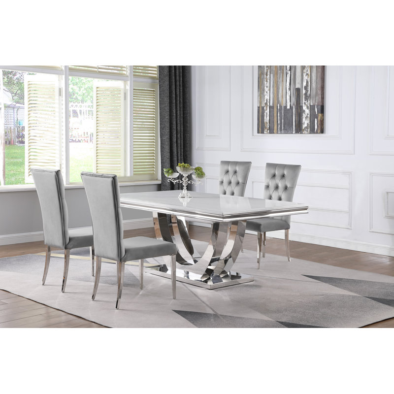 Demorest Stone Top Pedestal Dining Set, White Table with Gray Chairs, 7 Pieces: Table, 6 Chairs