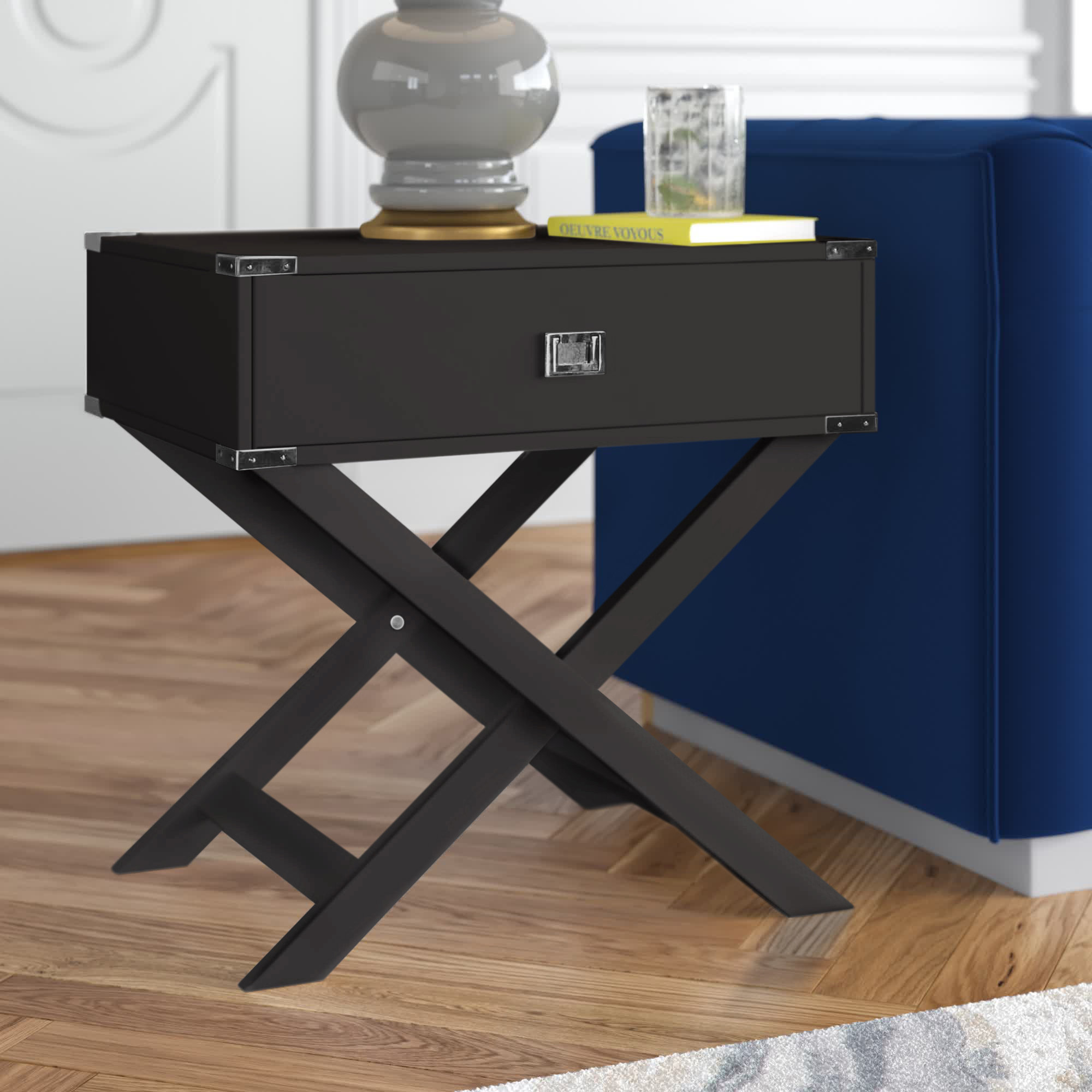 Black bedside with metal 2024 crossed legs