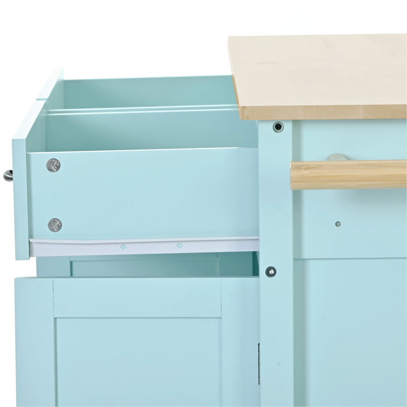 Chariot pour îlot de cuisine avec plateau en bois massif et roues verrouillables, largeur de 54,3 pouces, armoire à 4 portes et deux tiroirs, support à épices, porte-serviettes