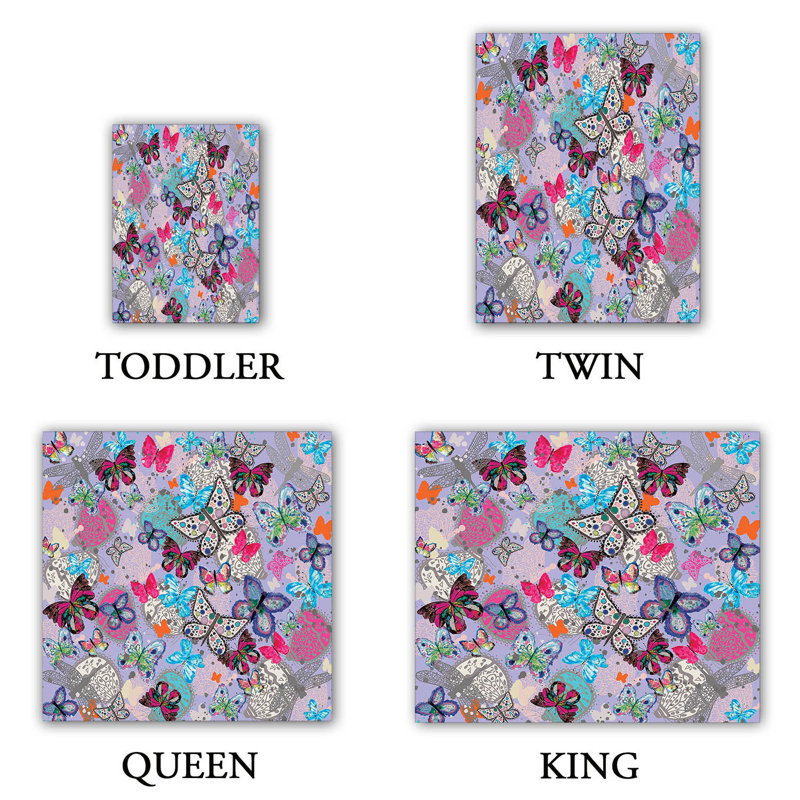 Ensemble de housse de couette papillons, 1 housse + 2 taies très grand lit, Mauve / Bleu