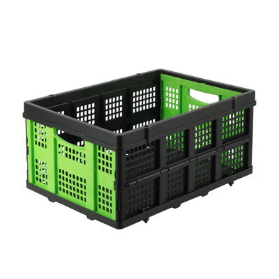 Collapsible Crate, 55L Foldable Plastic Milk Crate with Side Handles, Heavy Duty Stackable Containers Folding Storage Baskets for Food, Drinks, Books, Tools, Green